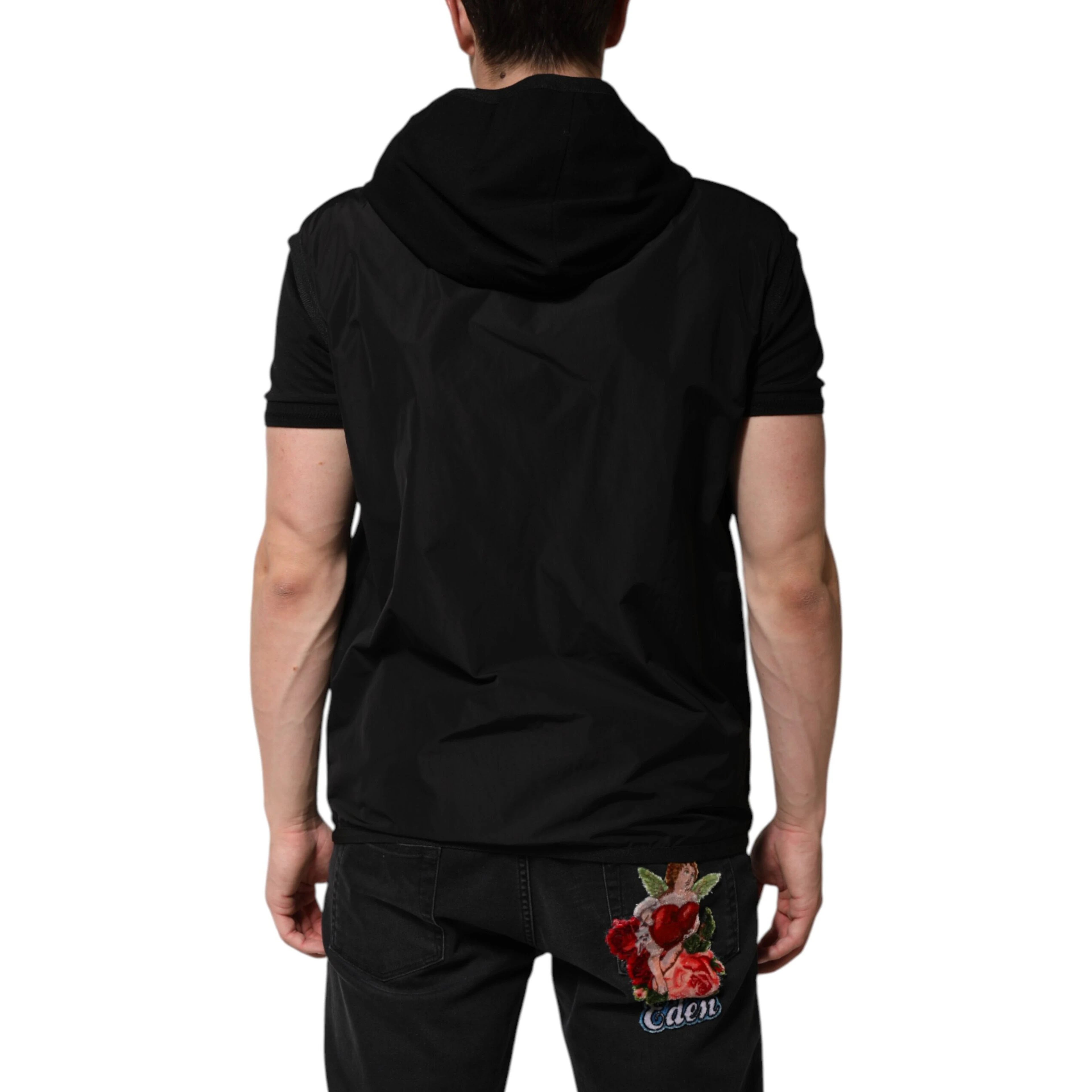 Black Sleeveless Hooded Logo Plaque Jacket