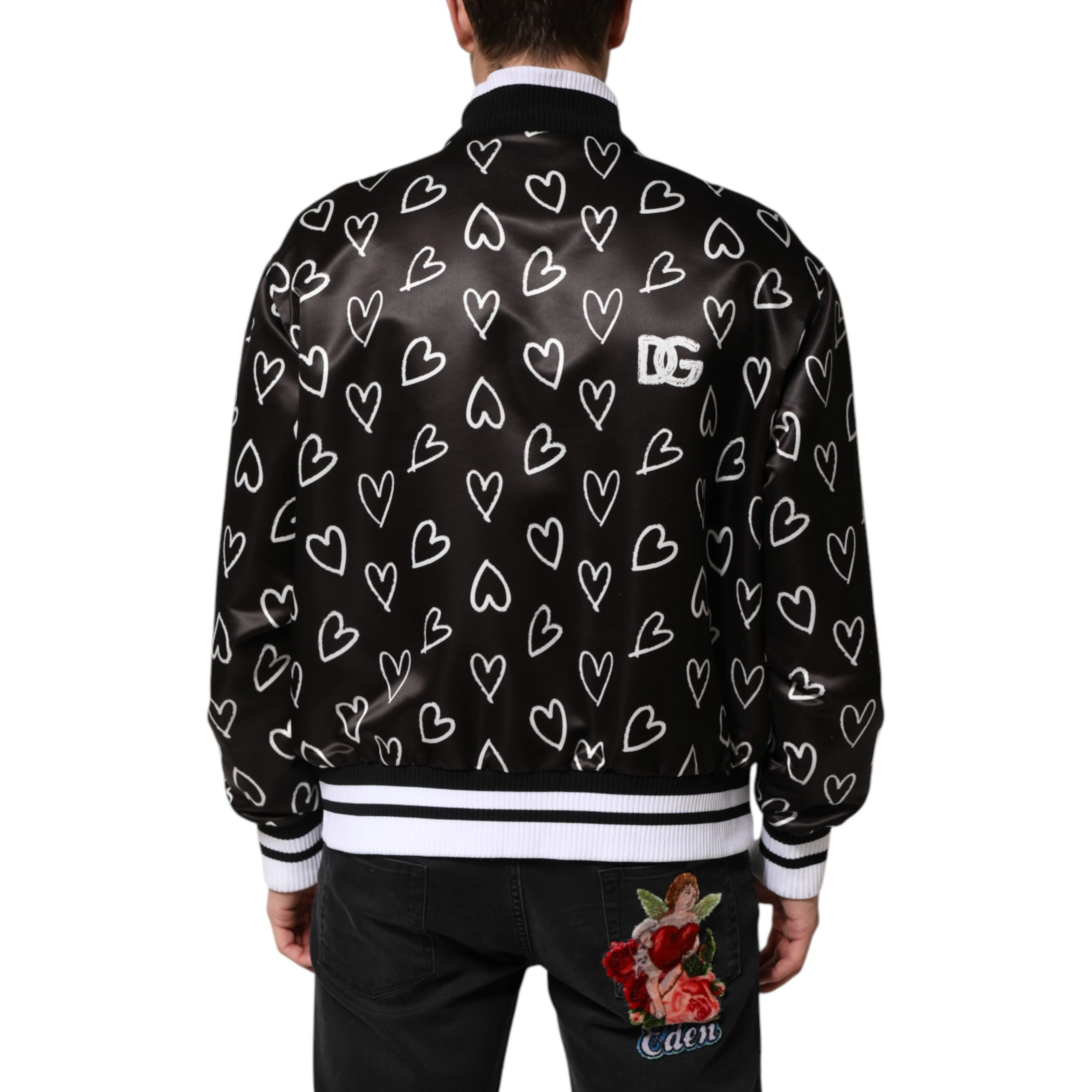 Black Polyester Heart Print Bomber Jacket