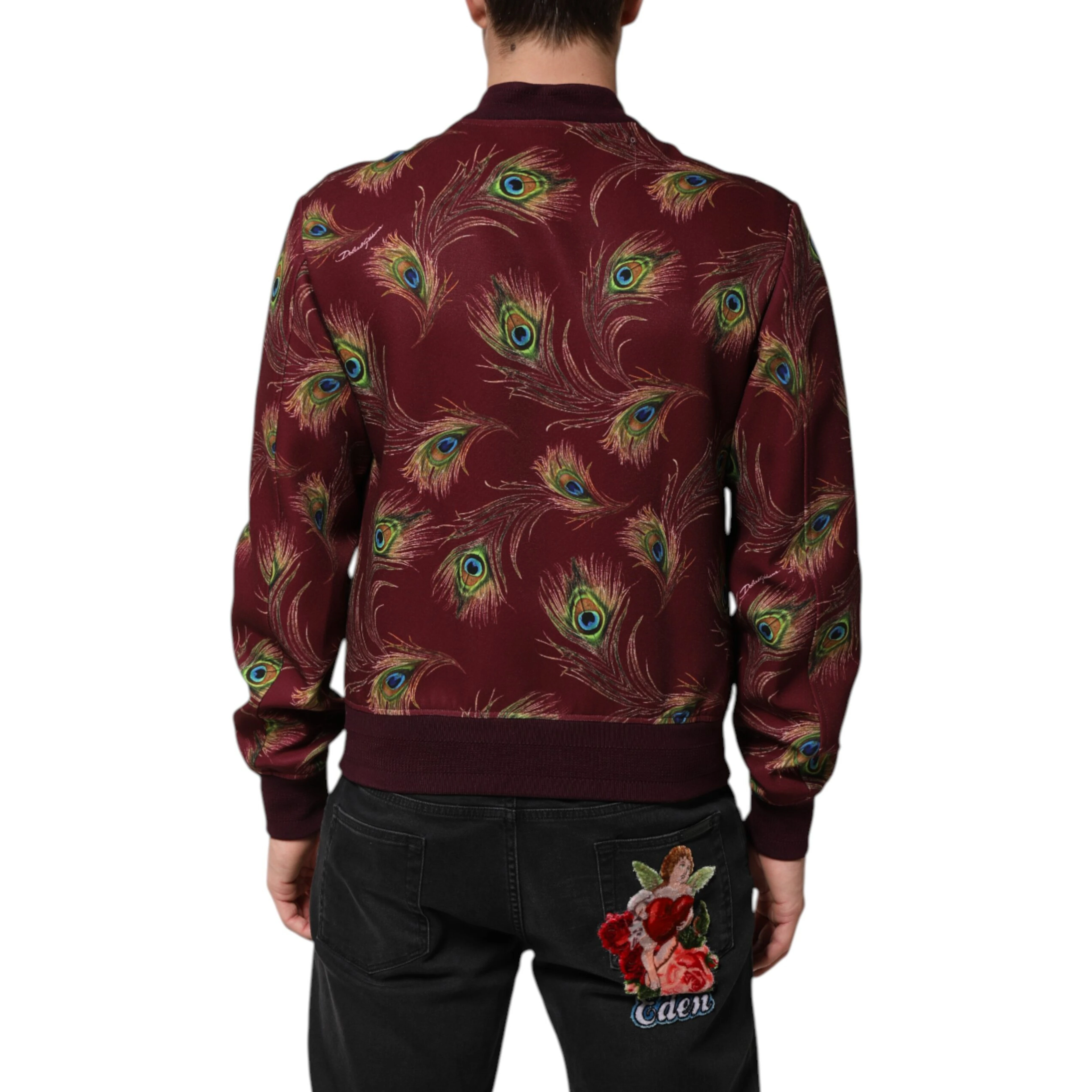 Maroon Peacock Feather Print Bomber Jacket