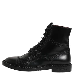Black Leather Lace Up Mid Calf Boots Shoes
