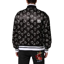 Black Polyester Heart Print Bomber Jacket