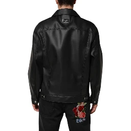 Black Polyester Button Down Biker Jacket