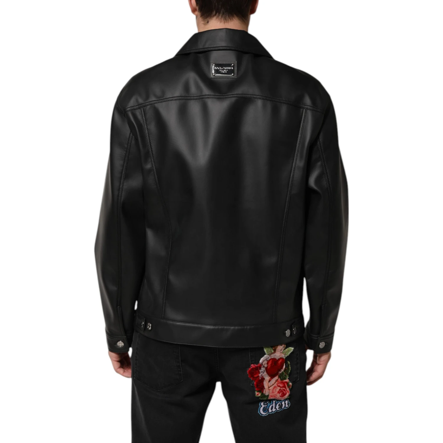 Black Polyester Button Down Biker Jacket