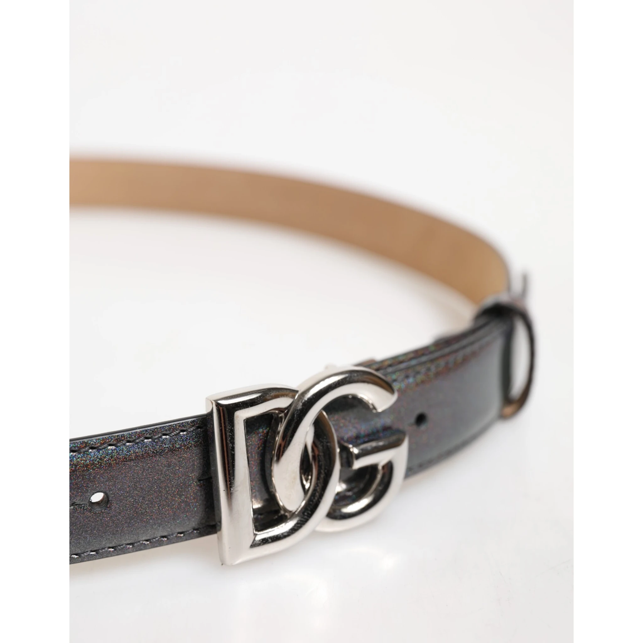 Metallic Leather Silver Tone Logo Buckle Belt