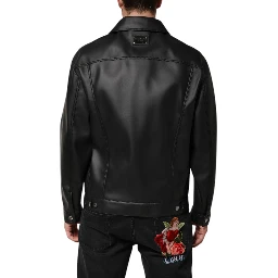 Black Polyester Button Down Biker Jacket