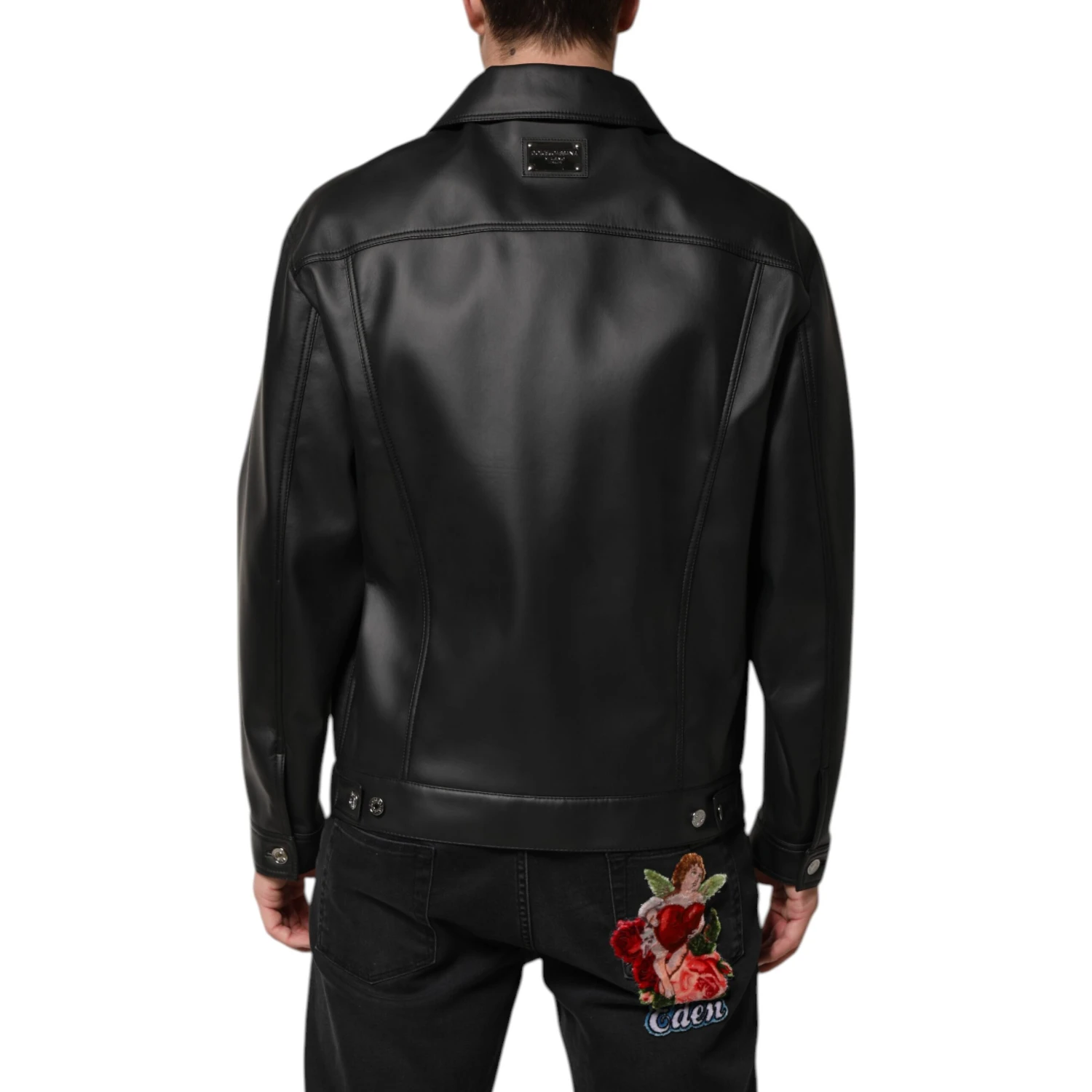 Black Polyester Button Down Biker Jacket