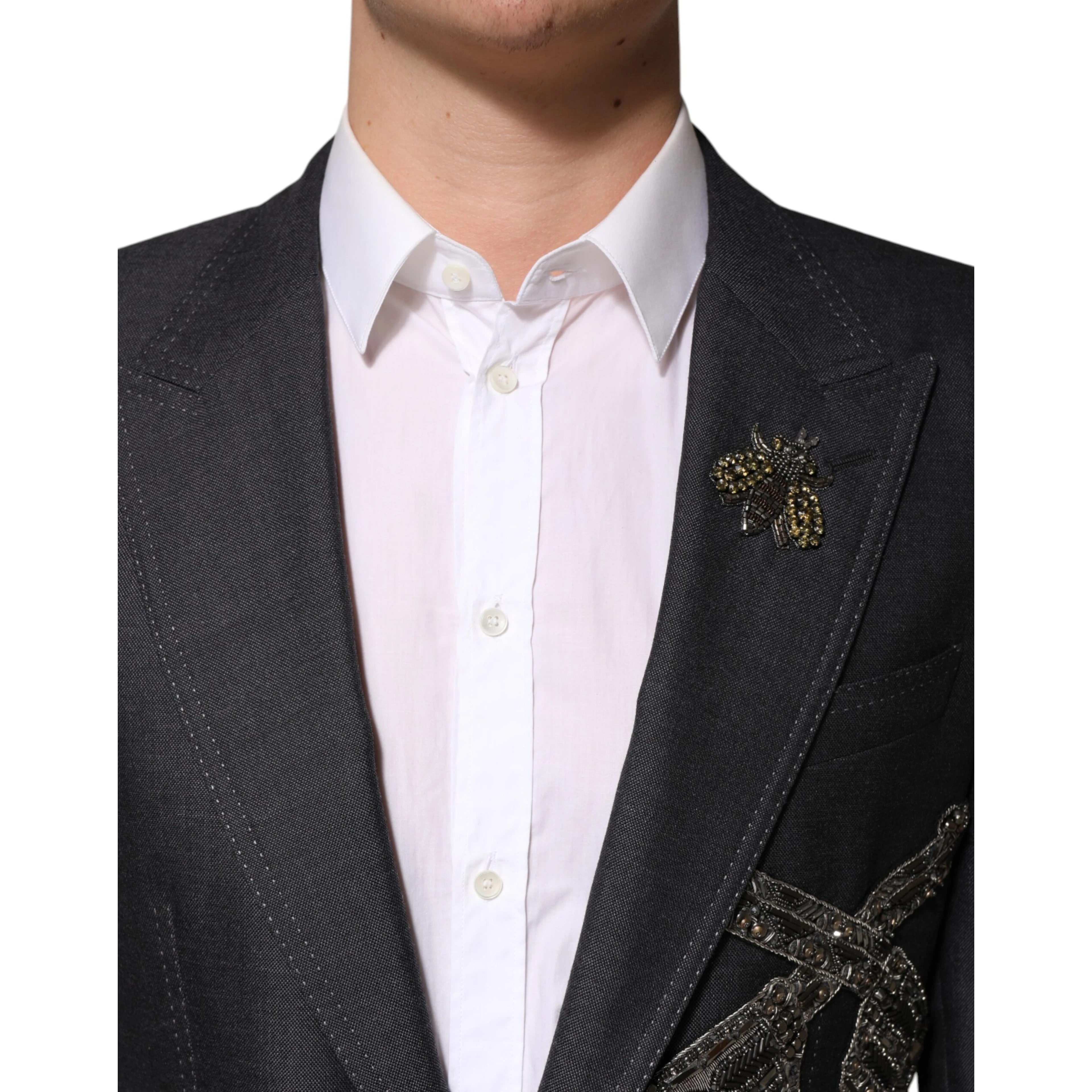 Dark Gray Bee Embroidery Wool Coat Blazer