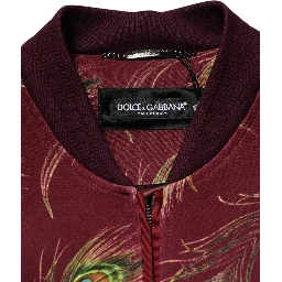 Maroon Peacock Feather Print Bomber Jacket
