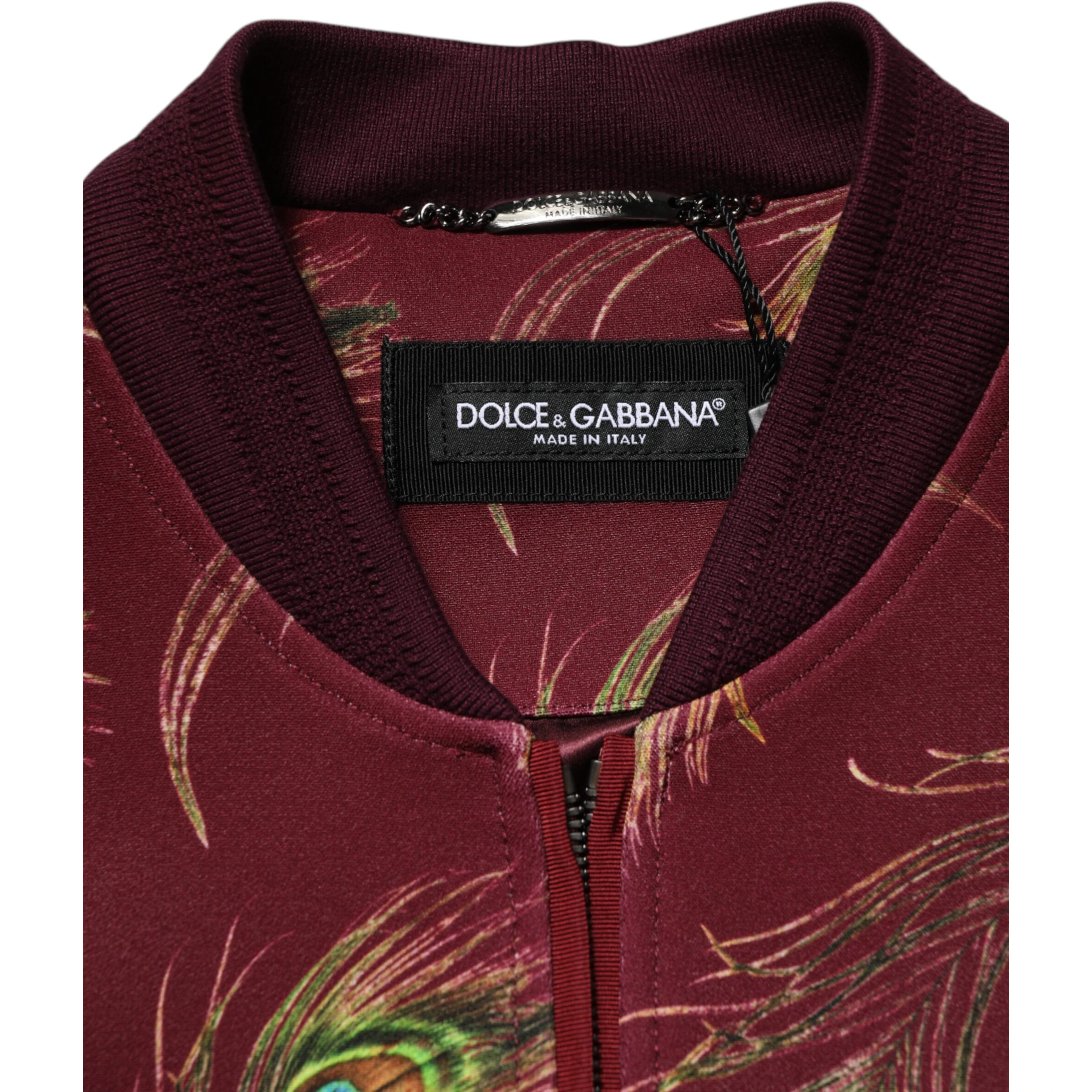 Maroon Peacock Feather Print Bomber Jacket