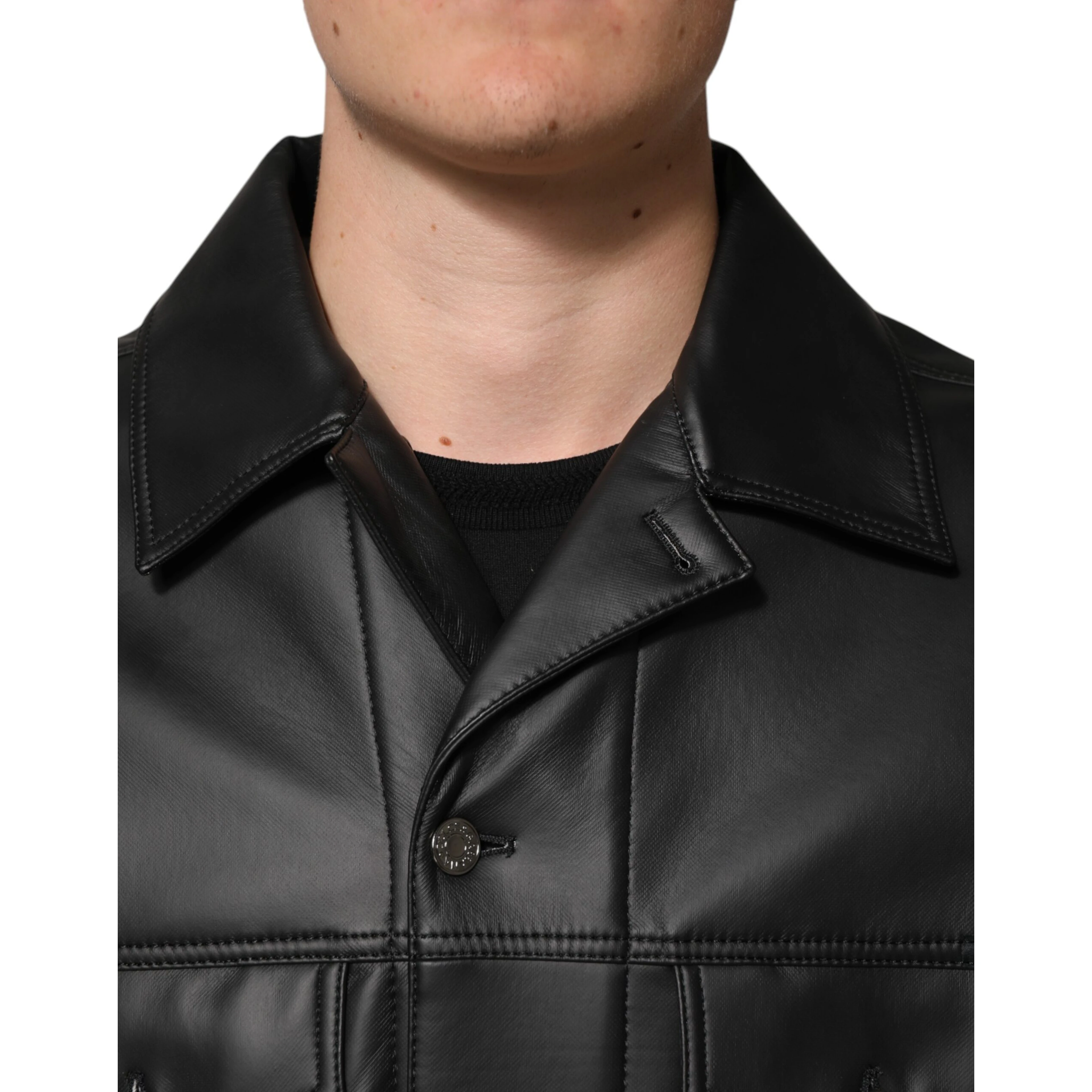 Black Polyester Button Down Biker Jacket
