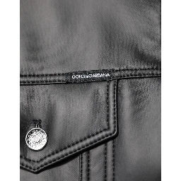 Black Polyester Button Down Biker Jacket