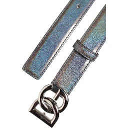 Metallic Leather Silver Tone Logo Buckle Belt
