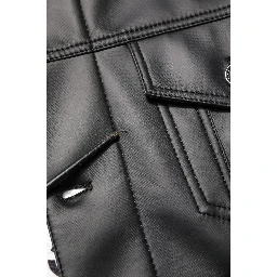 Black Polyester Button Down Biker Jacket