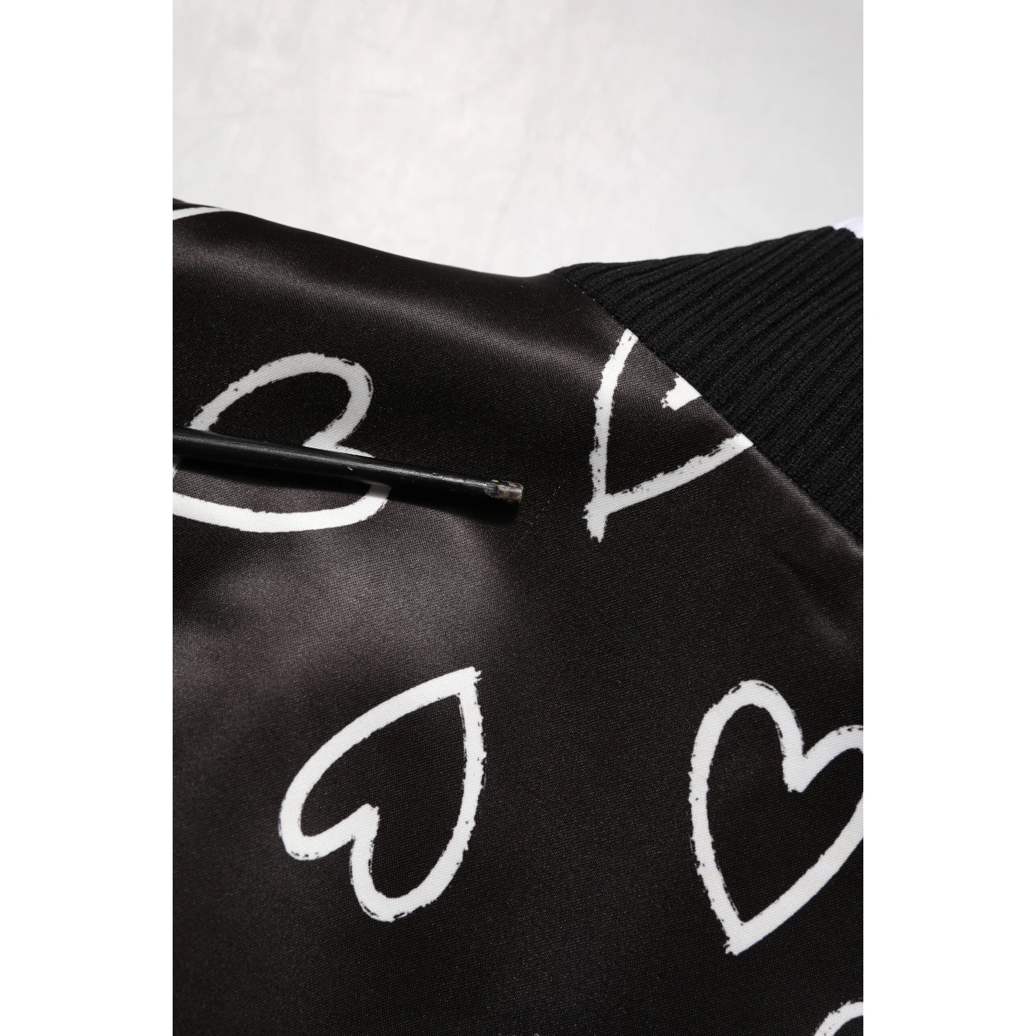 Black Polyester Heart Print Bomber Jacket