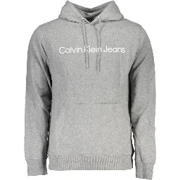 "Gray Cotton Men Sweater with Hood and Central Pocket"