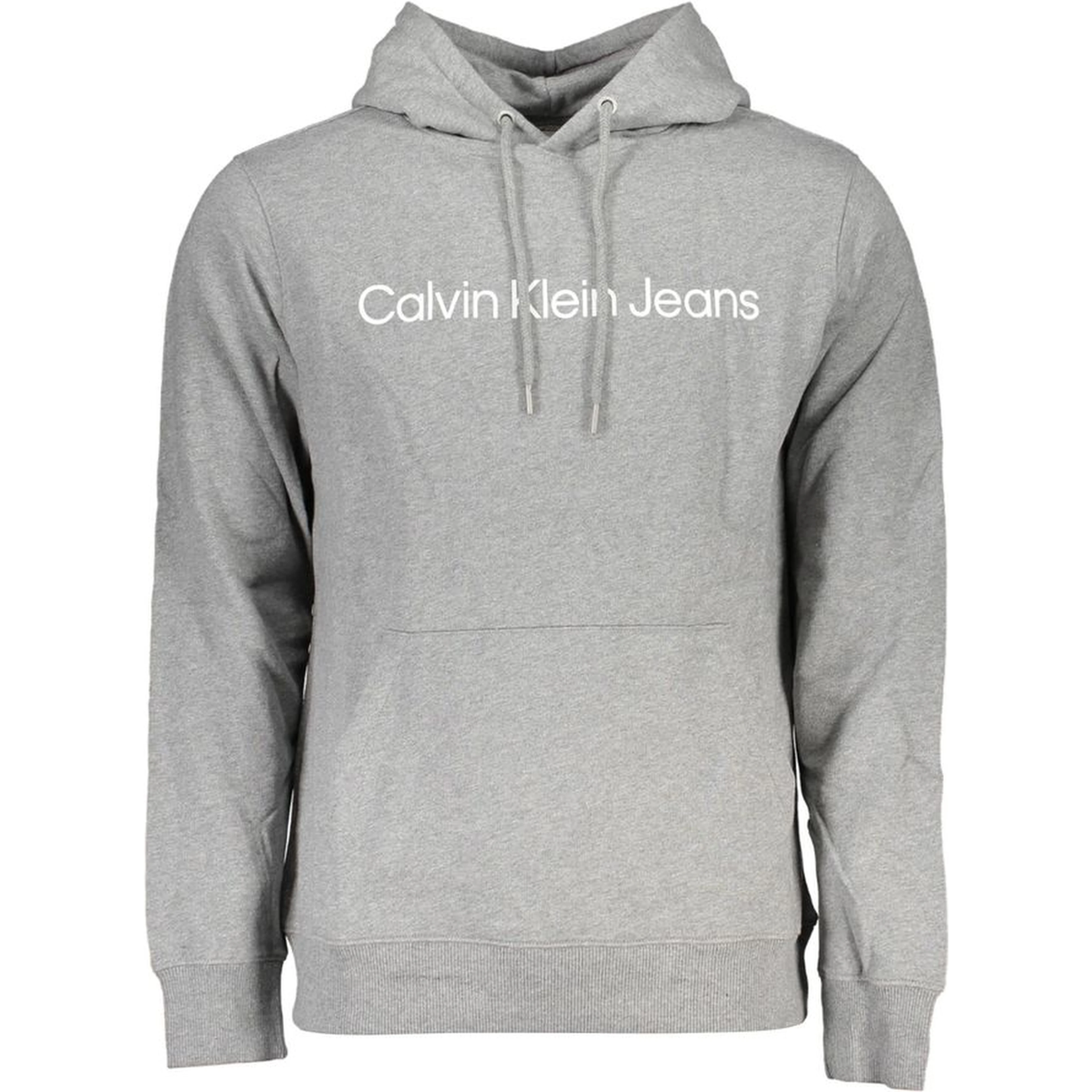 "Gray Cotton Men Sweater with Hood and Central Pocket"