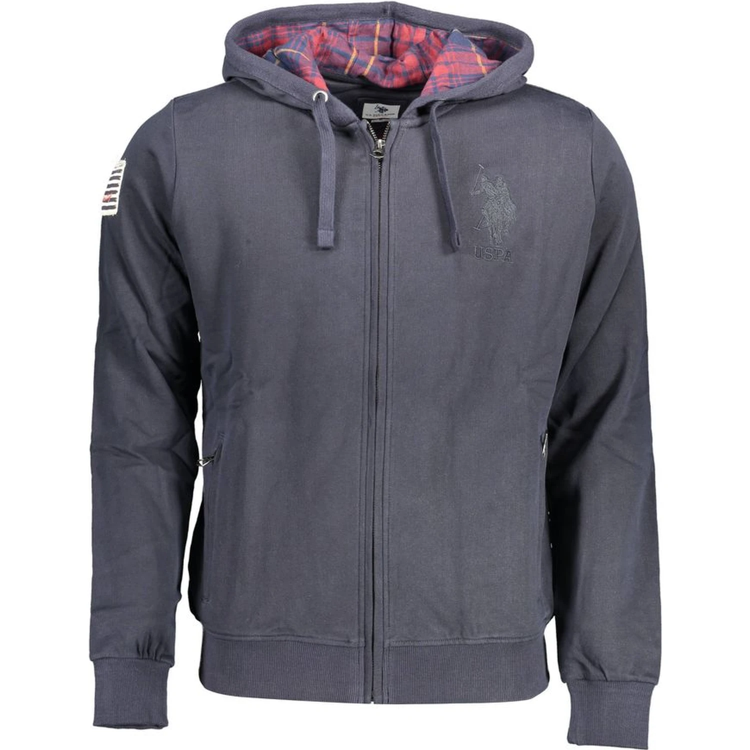 "Blue Cotton Men Sweater with Embroidered Zip and Pockets"