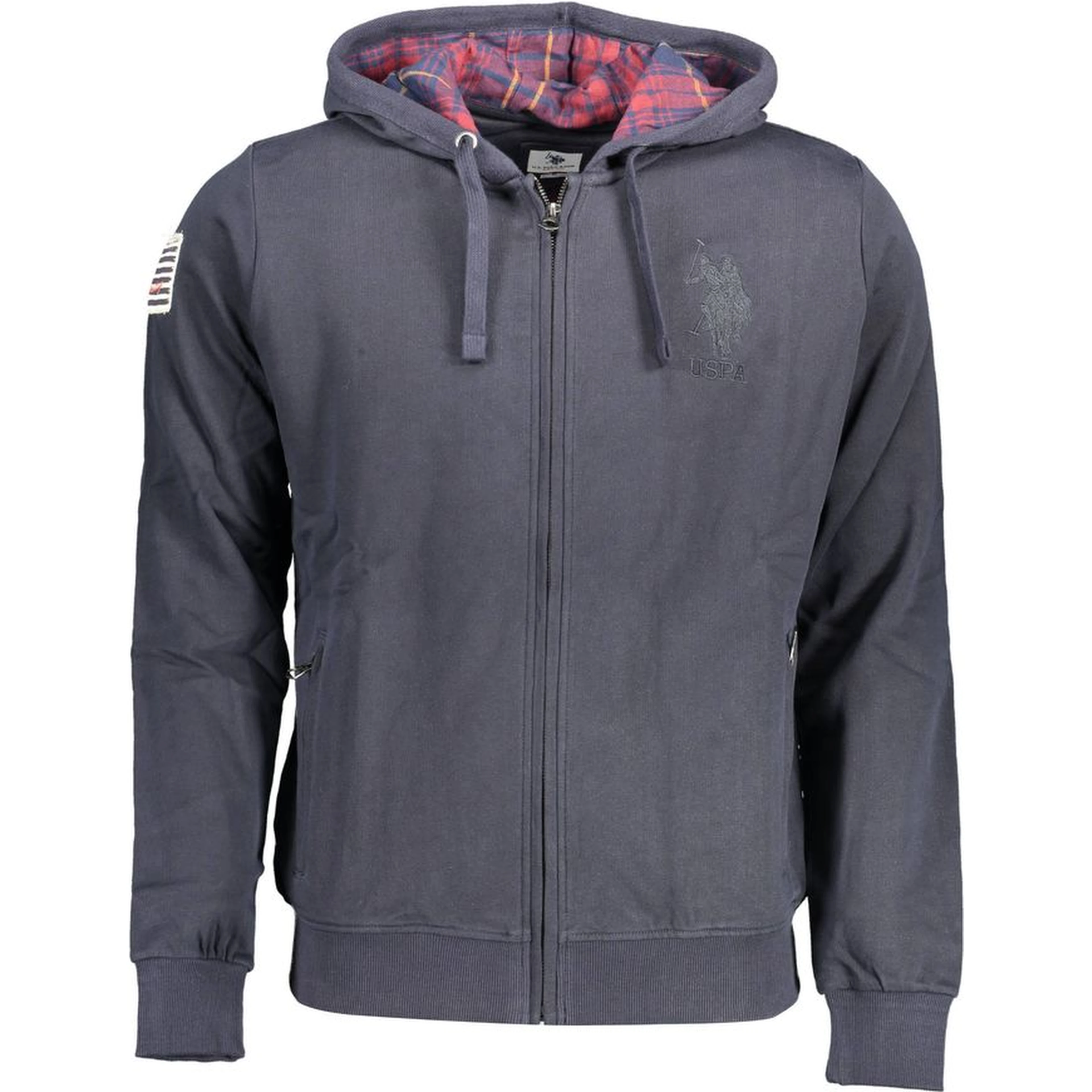 "Blue Cotton Men Sweater with Embroidered Zip and Pockets"
