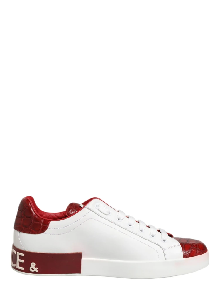 White Red Leather Lace Up Sneakers Shoes