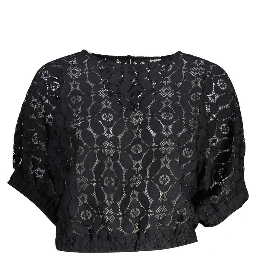 "Black Polyester Women Blouse with Contrasting Elastic Waistband"