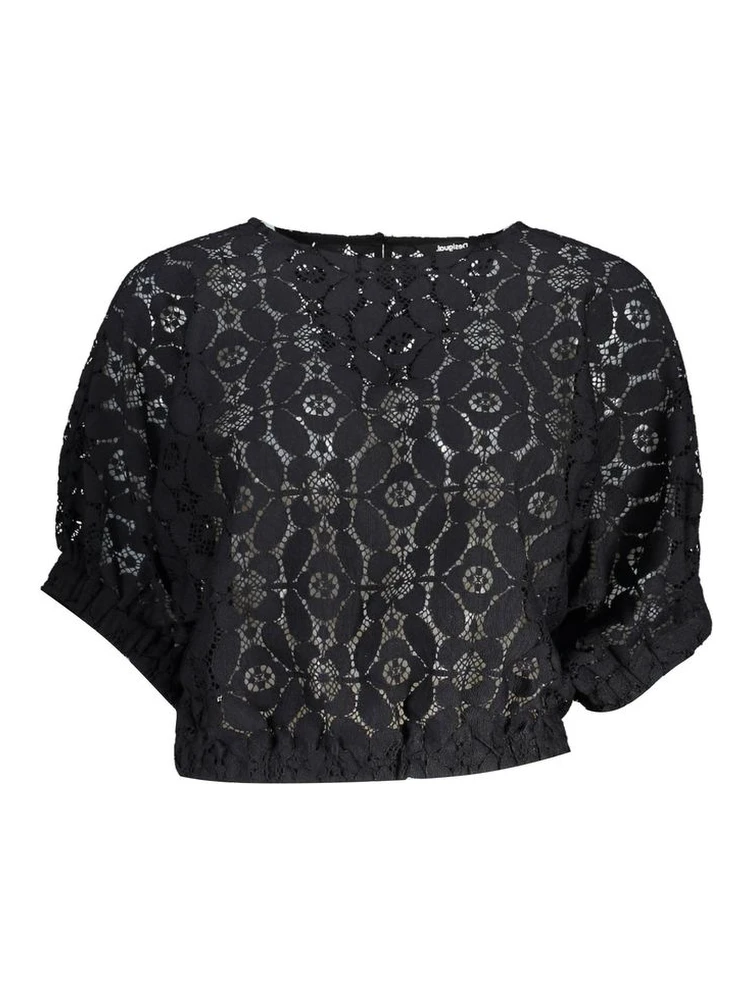 "Black Polyester Women Blouse with Contrasting Elastic Waistband"