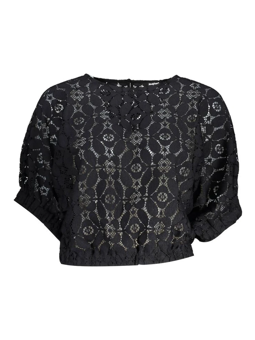 "Black Polyester Women Blouse with Contrasting Elastic Waistband"