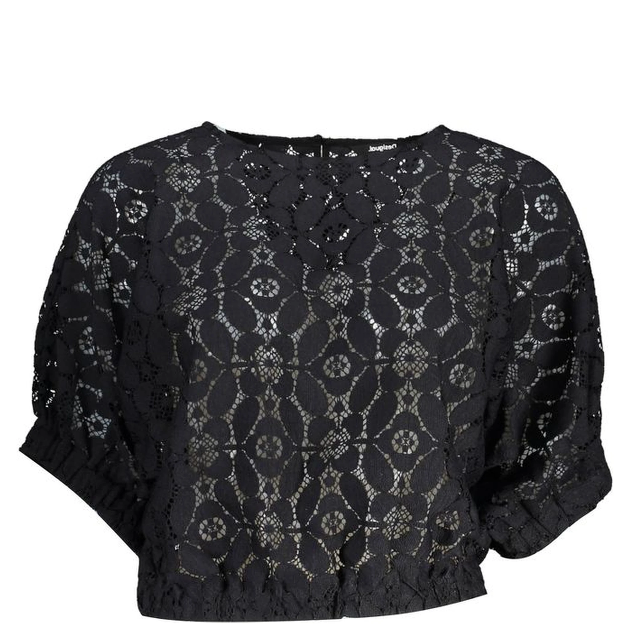 "Black Polyester Women Blouse with Contrasting Elastic Waistband"