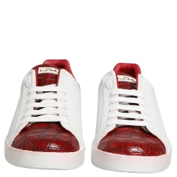 White Red Leather Lace Up Sneakers Shoes