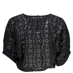"Black Polyester Women Blouse with Contrasting Elastic Waistband"