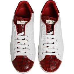 White Red Leather Lace Up Sneakers Shoes