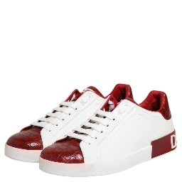 White Red Leather Lace Up Sneakers Shoes
