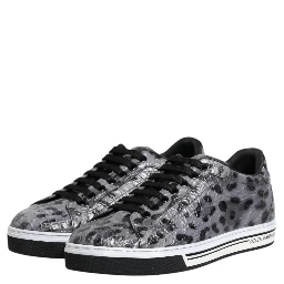 Gray Leather Leopard Low Top Sneakers Shoes