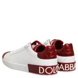 White Red Leather Lace Up Sneakers Shoes