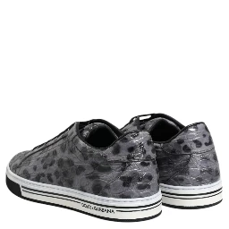 Gray Leather Leopard Low Top Sneakers Shoes