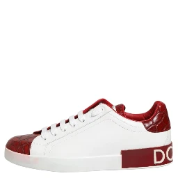 White Red Leather Lace Up Sneakers Shoes