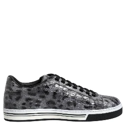 Gray Leather Leopard Low Top Sneakers Shoes