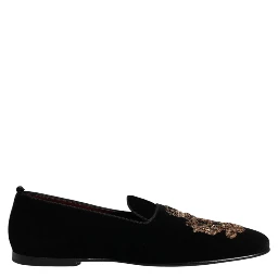 Black Velvet Gold Crown Mens Loafers Shoes