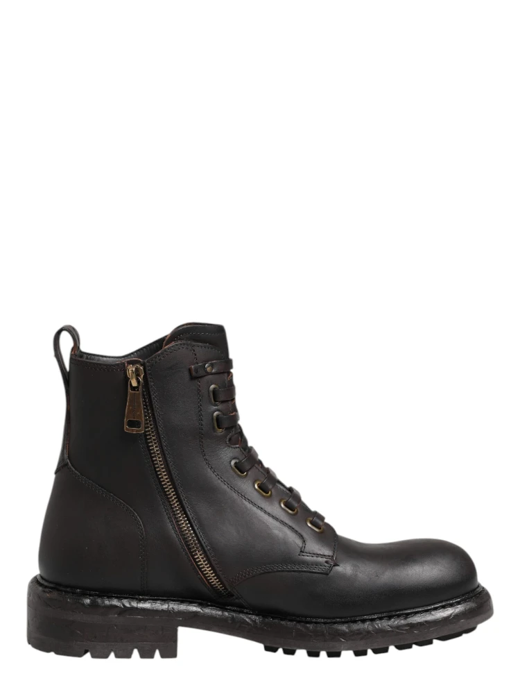 Dark Brown Leather Lace Up Mid Calf Boots Shoes