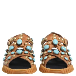 Brown Leather Studded Slides Sandals Shoes