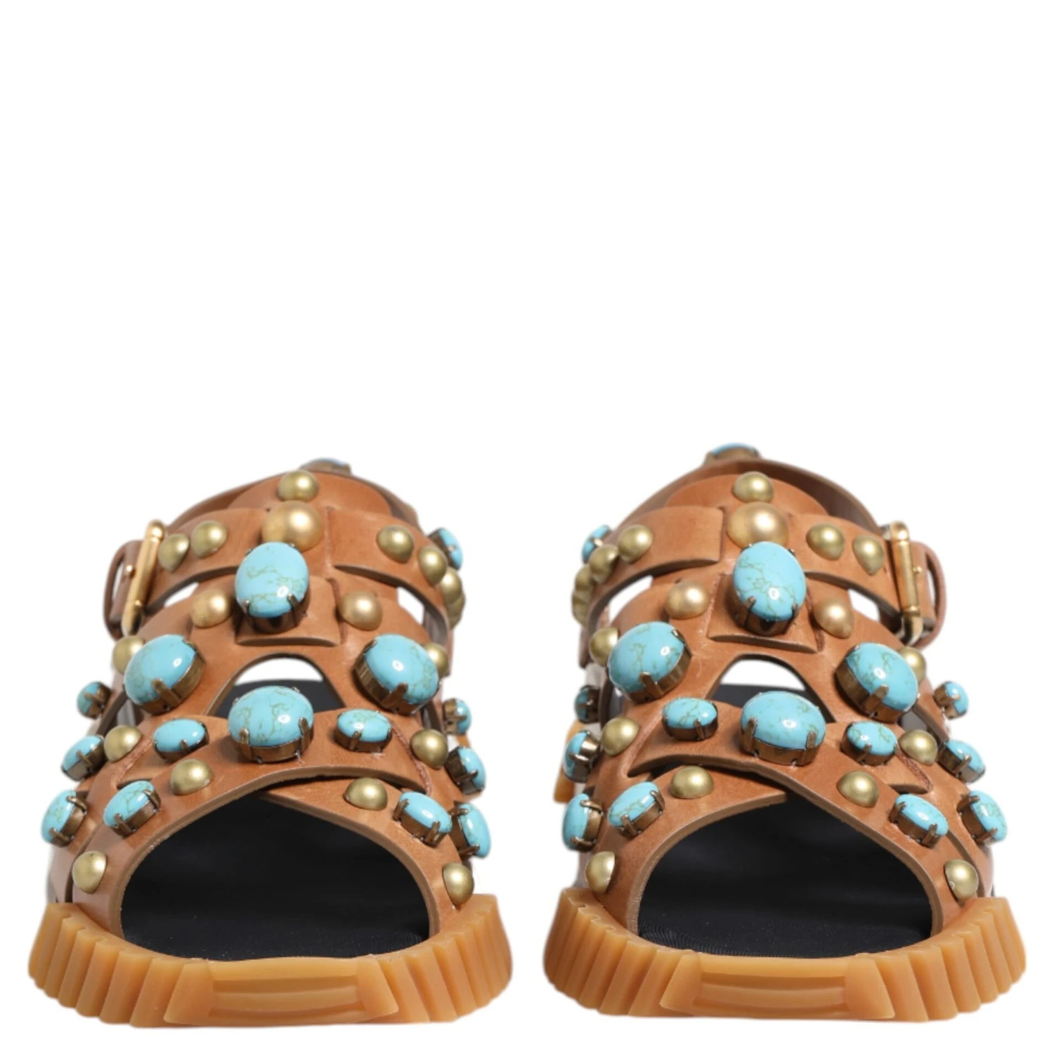 Brown Leather Studded Slides Sandals Shoes