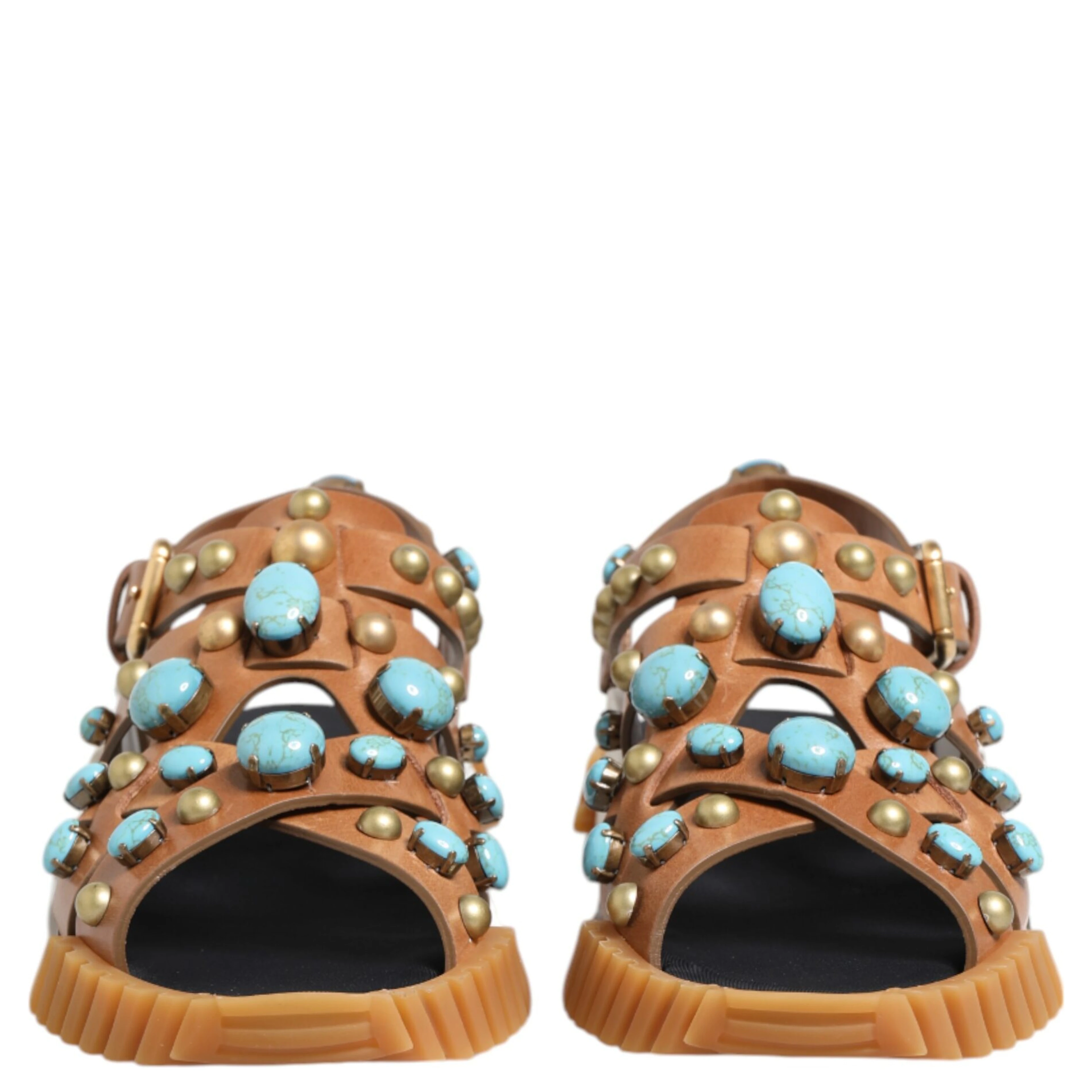 Brown Leather Studded Slides Sandals Shoes