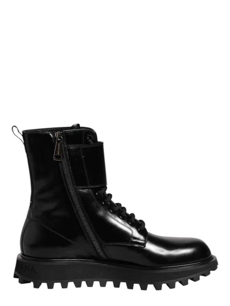 Black Leather Lace Up Mid Calf Boots Shoes