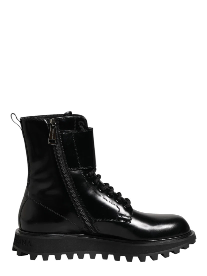 Black Leather Lace Up Mid Calf Boots Shoes