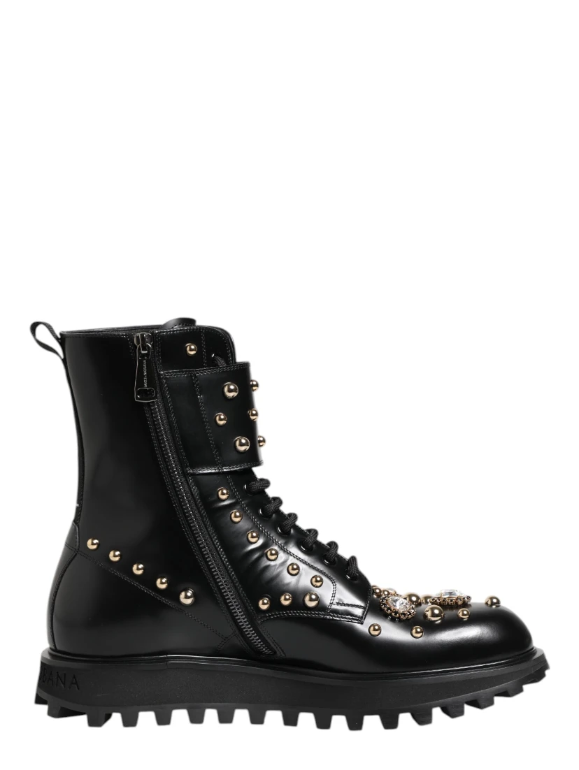 Black Studded Lace Up Mid Calf Boots Shoes