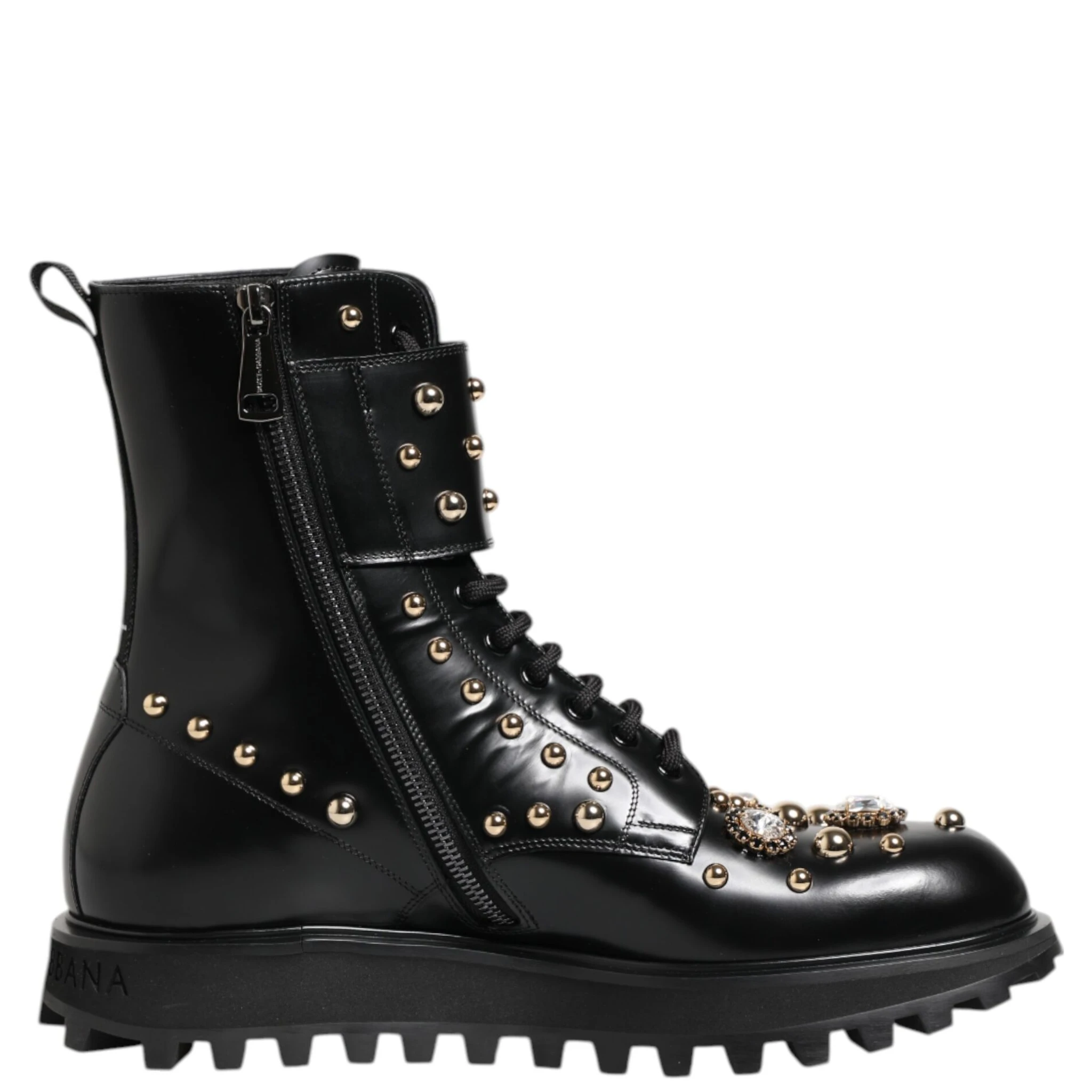 Black Studded Lace Up Mid Calf Boots Shoes