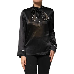 Black Silk Ascot Collared Button Blouse Top