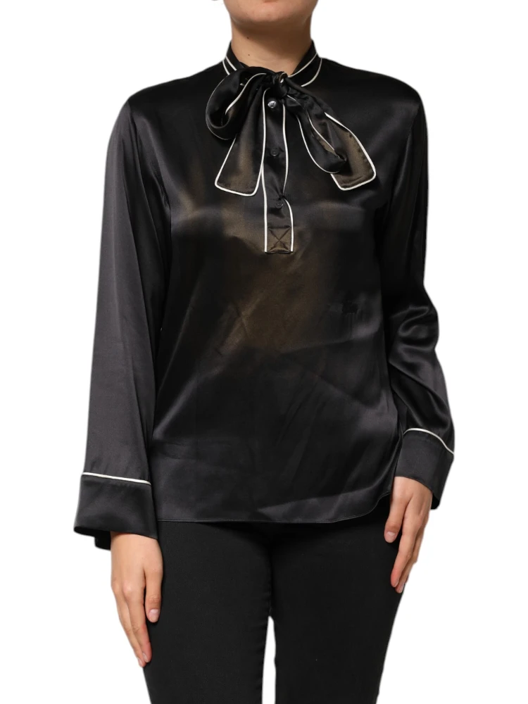 Black Silk Ascot Collared Button Blouse Top