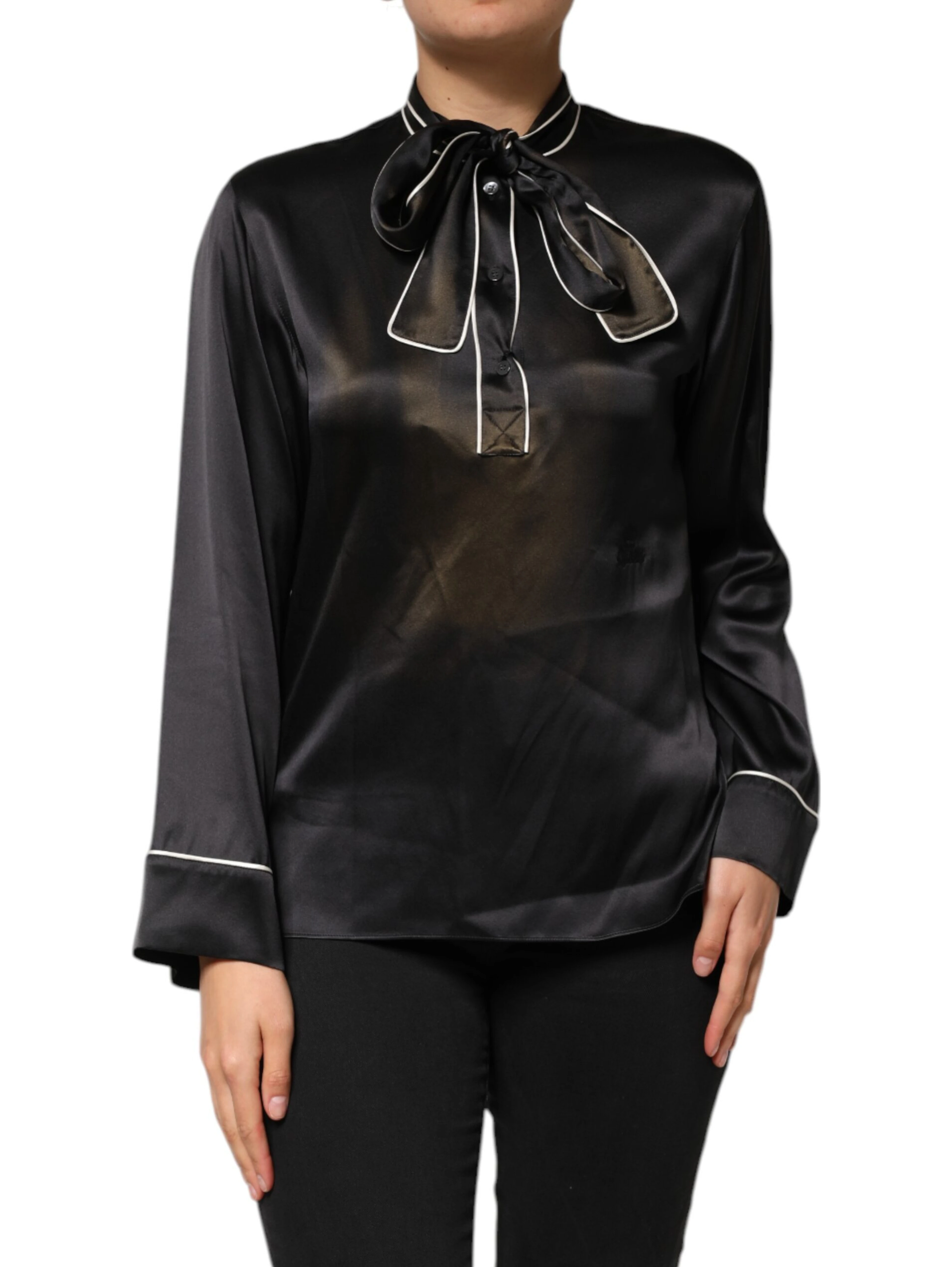Black Silk Ascot Collared Button Blouse Top