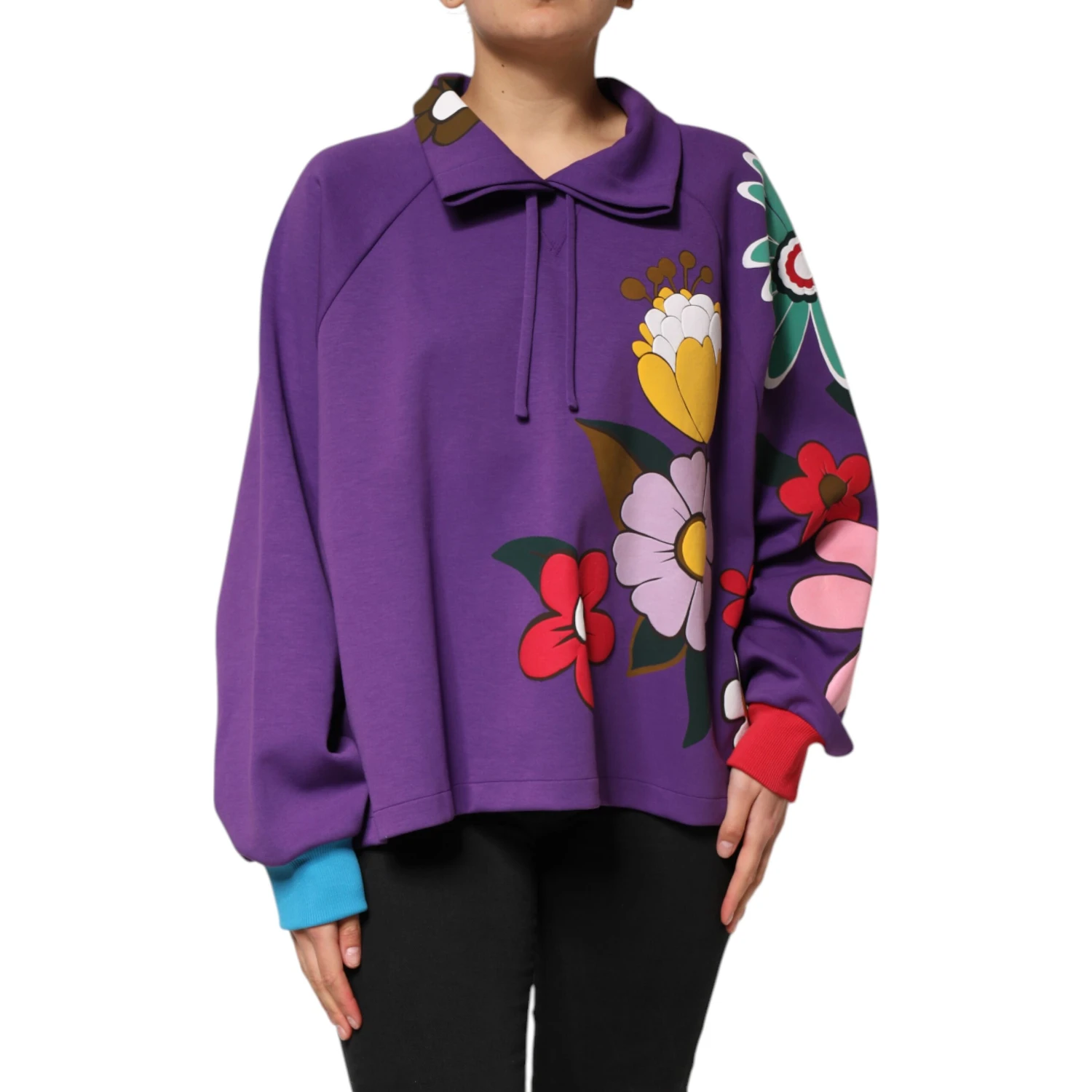Purple Floral Print Cotton Long Sleeves Top