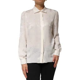 White Silk Long Sleeves Collared Shirt Top